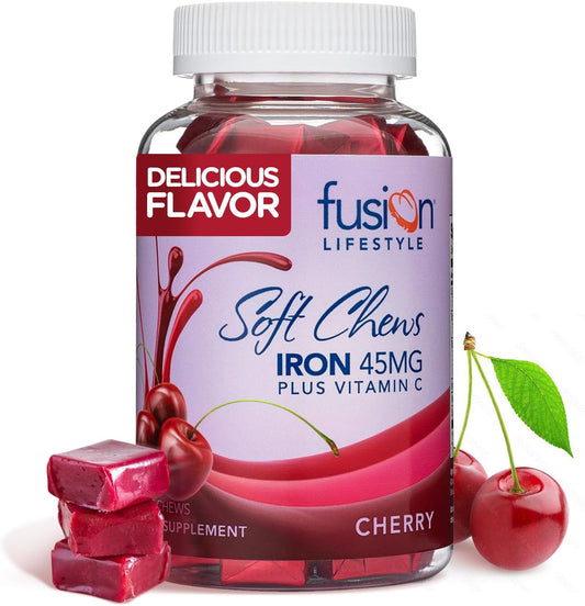 Cherry Flavored Chewable Iron Supplement for Women & Men - High Absorption Iron Vitamin C Soft Chews with Ferrous Fumarate - Ideal for Anemia & Iron Deficiency - 2 Month Supply