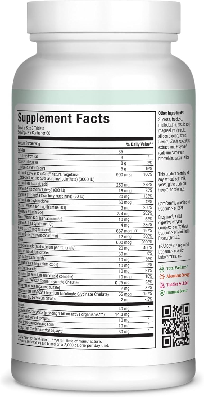 Cherry Flavored Chewable Multivitamin Tablets for Kids, Teens, and Adults - Kosher Iron Supplement for Children and Adults (180 Tablets)