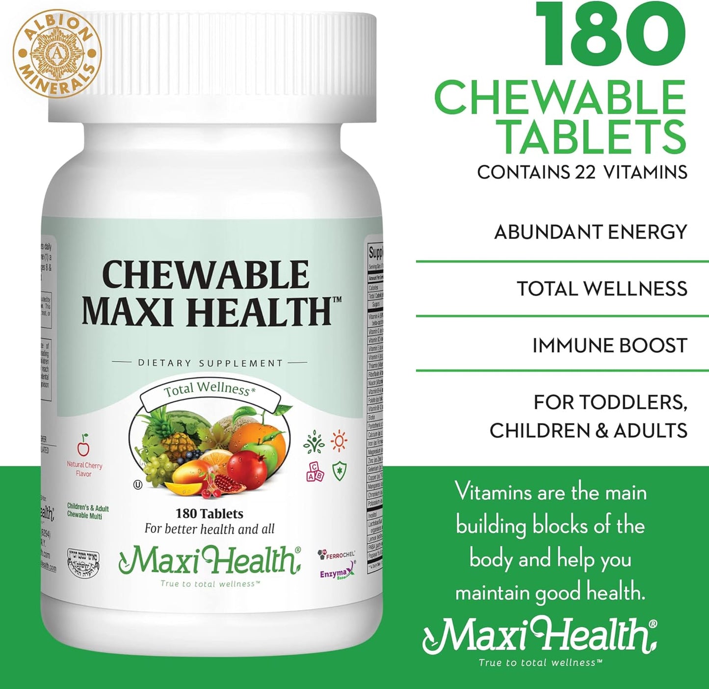 Cherry Flavored Chewable Multivitamin Tablets for Kids, Teens, and Adults - Kosher Iron Supplement for Children and Adults (180 Tablets)