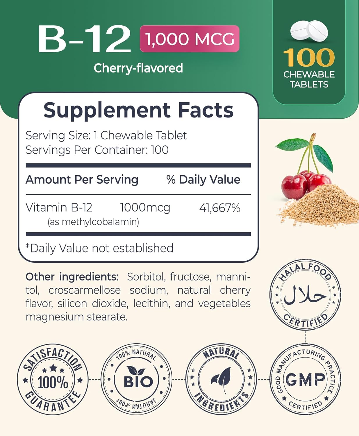 Cherry-Flavored Chewable Vitamin B-12 1000 Mcg Tablets for Healthy Brain Function, Memory, Hair, Skin & Nails