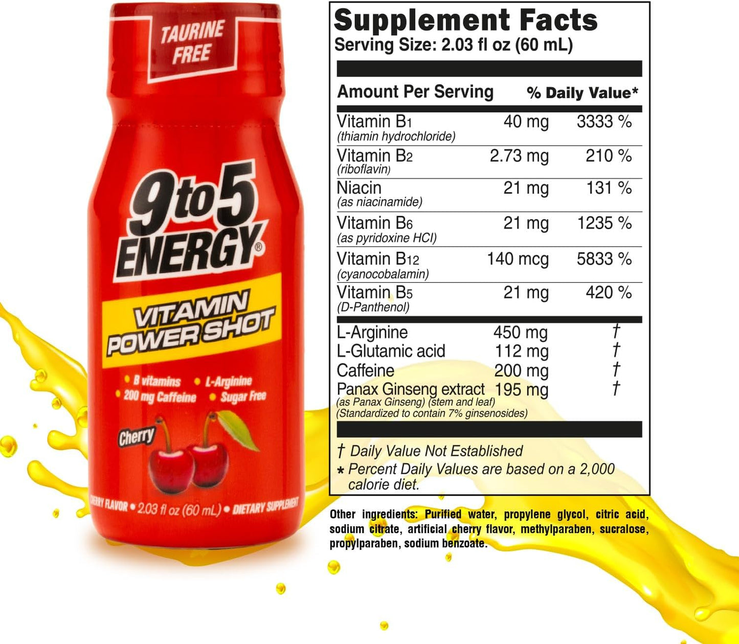 Cherry Flavored Energy Shot - Taurine and Sugar Free, 12 Pack, 2.03 fl oz - Boost Energy and Focus with B Vitamins and L-Arginine