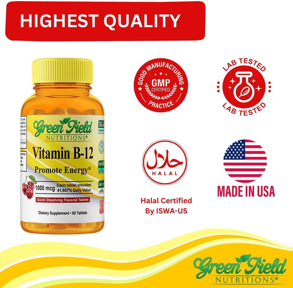 Cherry Flavored Halal Vitamin B12 Tablets for Energy & Brain Health - Greenfield Nutritions Sublingual 1000mcg B12 - 60 Tablets