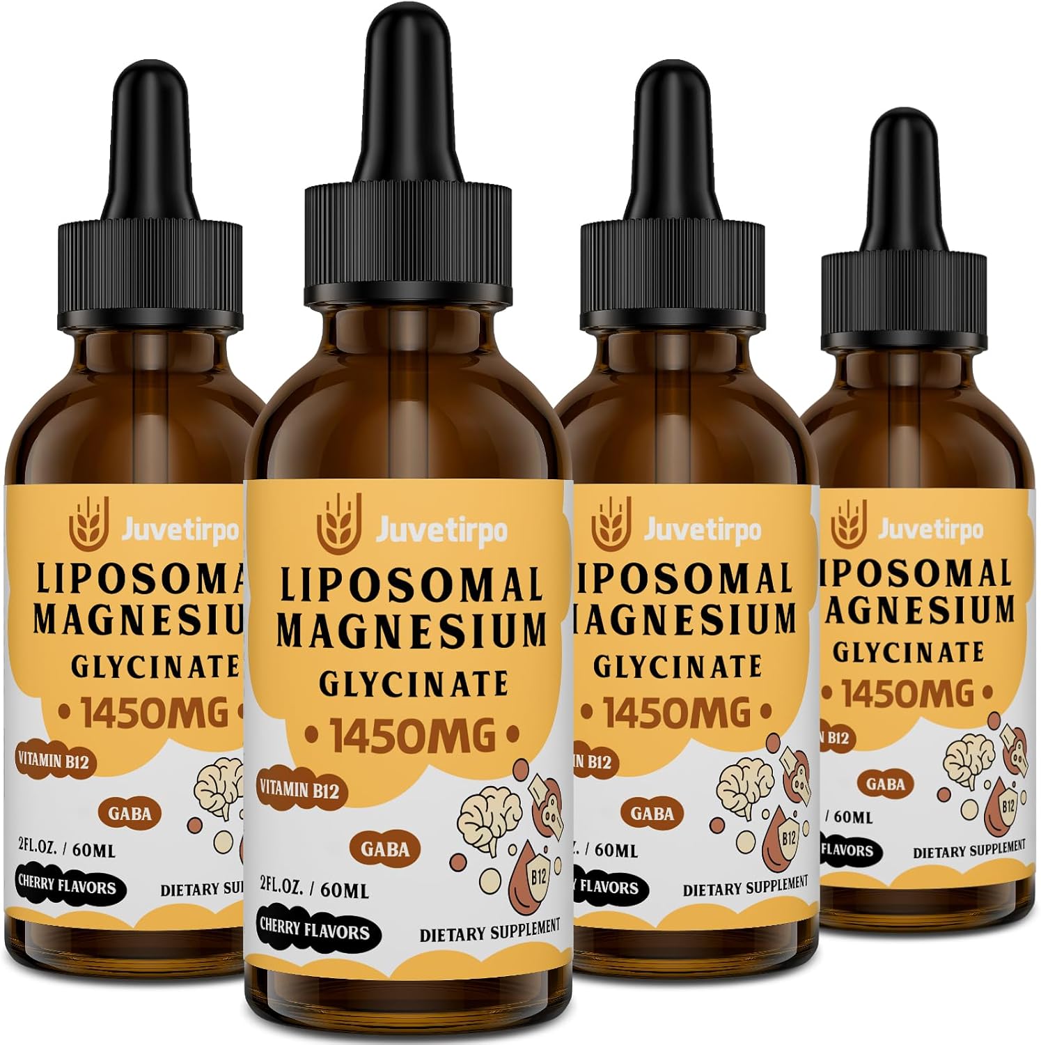 Cherry-Flavored Magnesium Glycinate Liquid Drops for Sleep, Mood, Intestinal & Bone Health - Stress Reducing Liposomal Chelate - 60ML (Pack of 4)