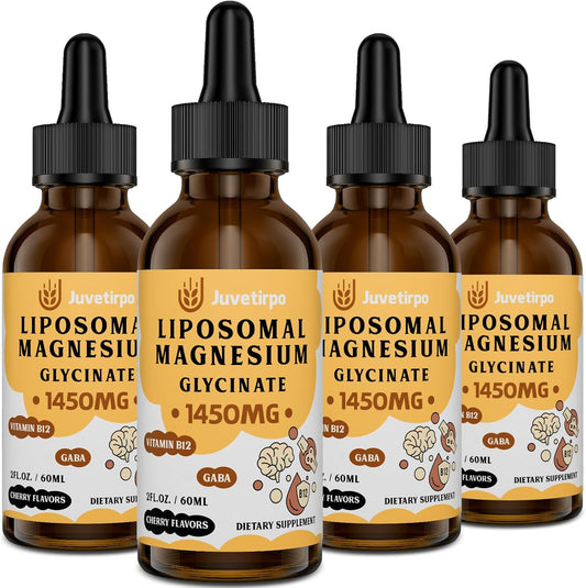 Cherry-Flavored Magnesium Glycinate Liquid Drops for Sleep, Mood, Intestinal & Bone Health - Stress Reducing Liposomal Chelate - 60ML (Pack of 4)