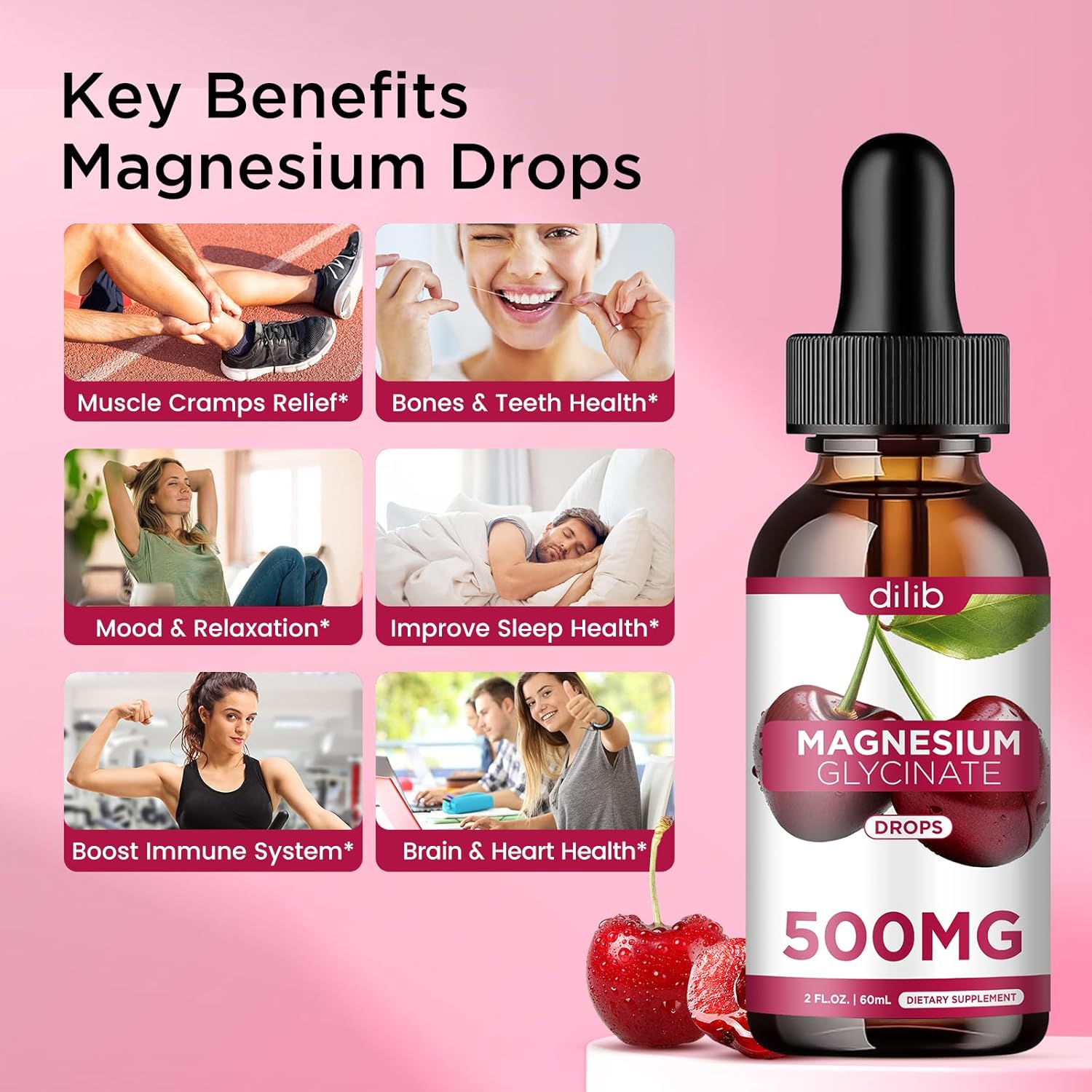 Cherry Flavored Magnesium Glycinate Liquid Drops Supplement with Calcium, Zinc, Vitamin B6, D3, L-Theanine, Omega 3 for Sleep, Mood, Stress Relief, Bone, Muscle