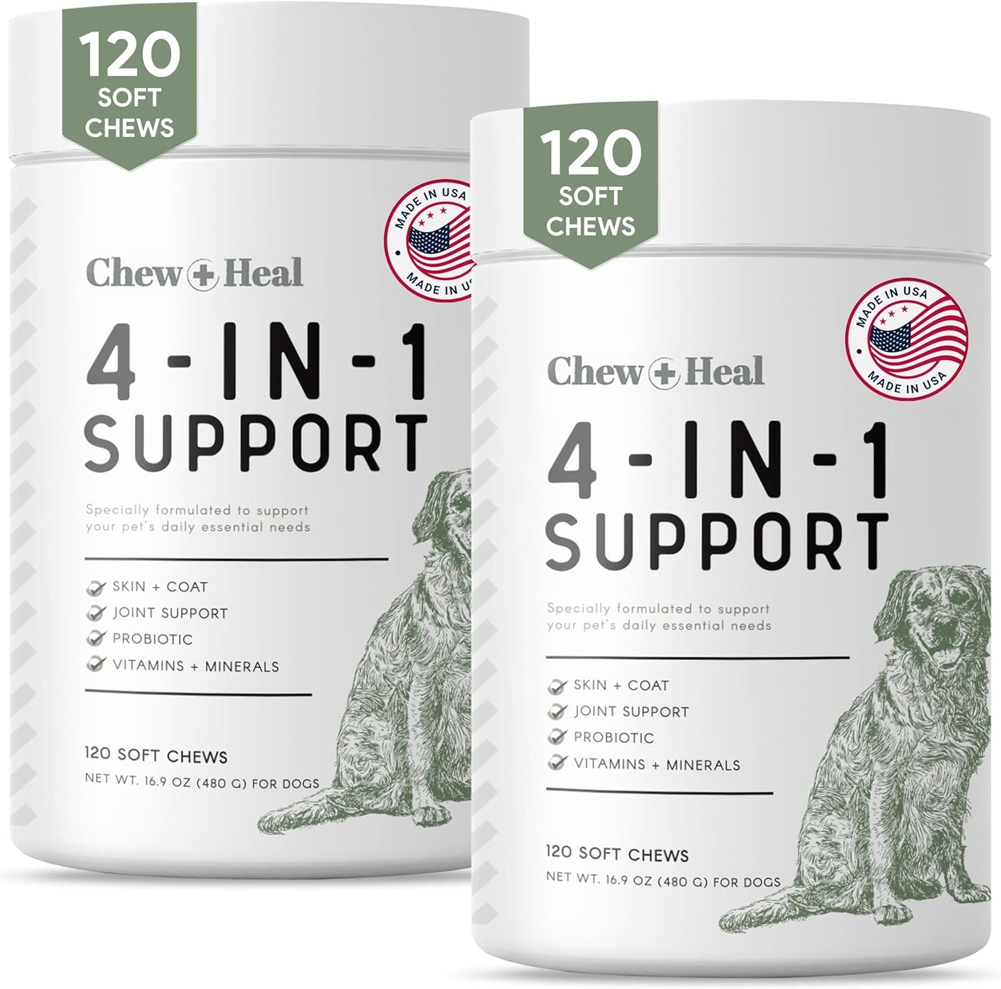 Chew + Heal Labs All-in-One Dog Vitamin 2PK - 240 Soft Chew Treats with Probiotics, Digestive Enzymes, Skin & Coat, Hip & Joint Support - Made in USA