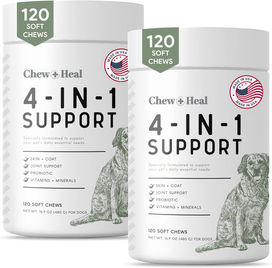 Chew + Heal Labs All-in-One Dog Vitamin 2PK - 240 Soft Chew Treats with Probiotics, Digestive Enzymes, Skin & Coat, Hip & Joint Support - Made in USA