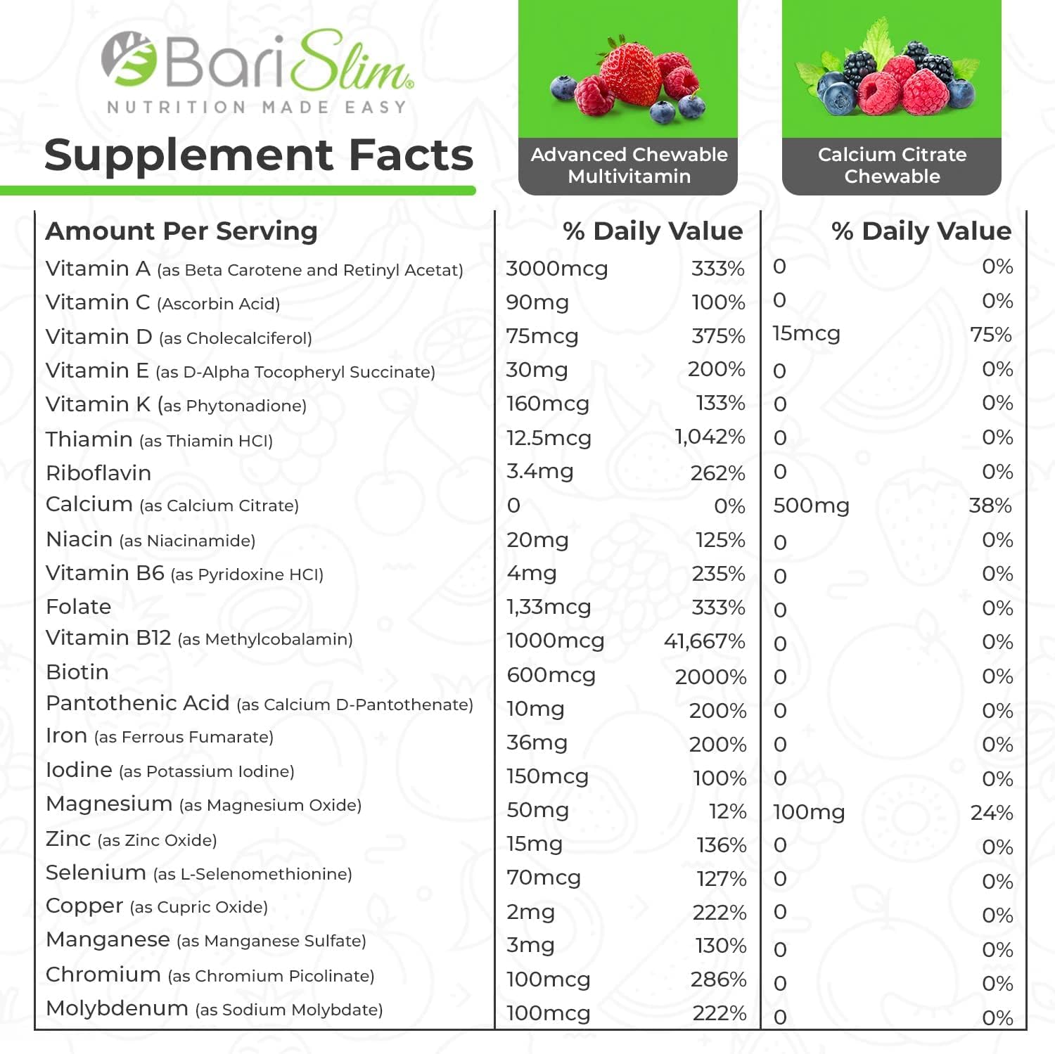 Chewable Bariatric Calcium Citrate & Multivitamin with Iron - Post Bariatric Surgery Supplement for Gastric Bypass and Sleeve