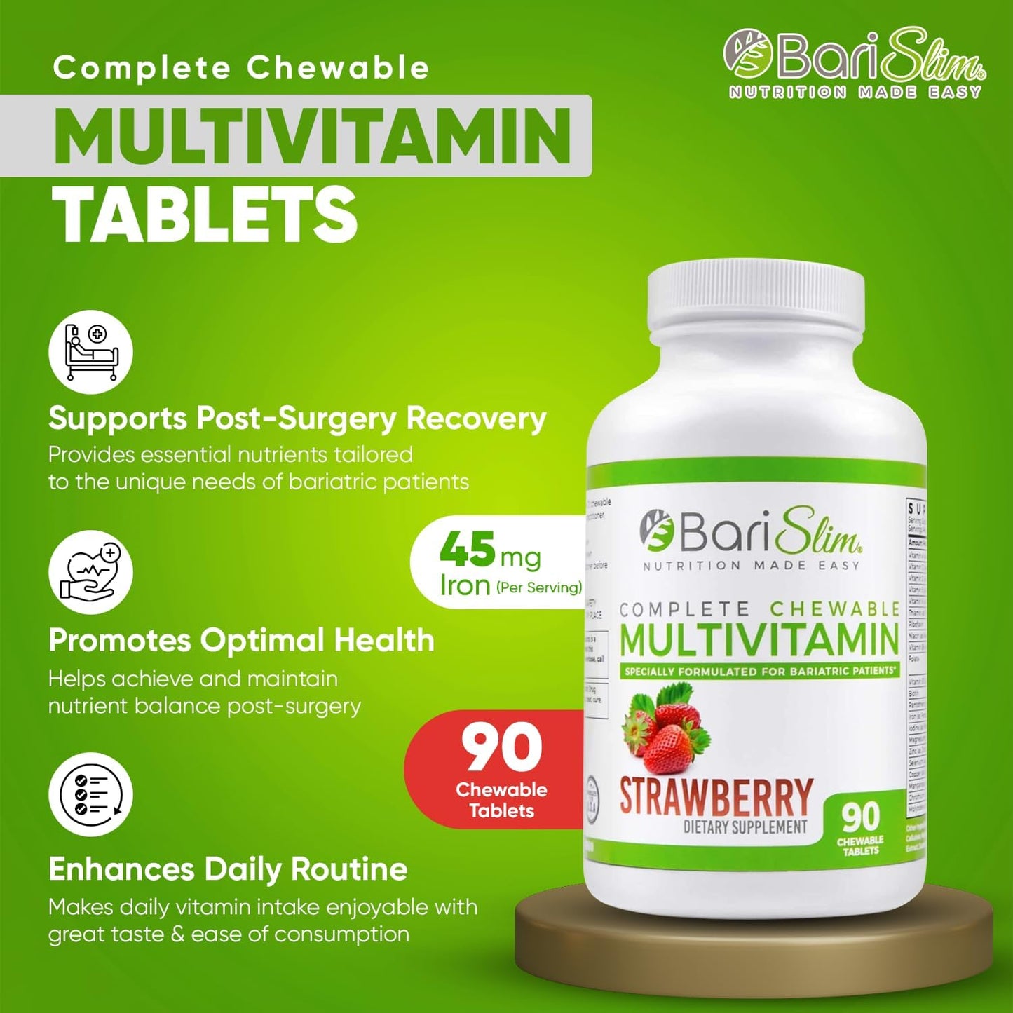 Chewable BariSlim Bariatric Multivitamin with 45mg Iron - Ideal for Post Bariatric Surgery Recovery - Strawberry Flavor - BoostGo Australia