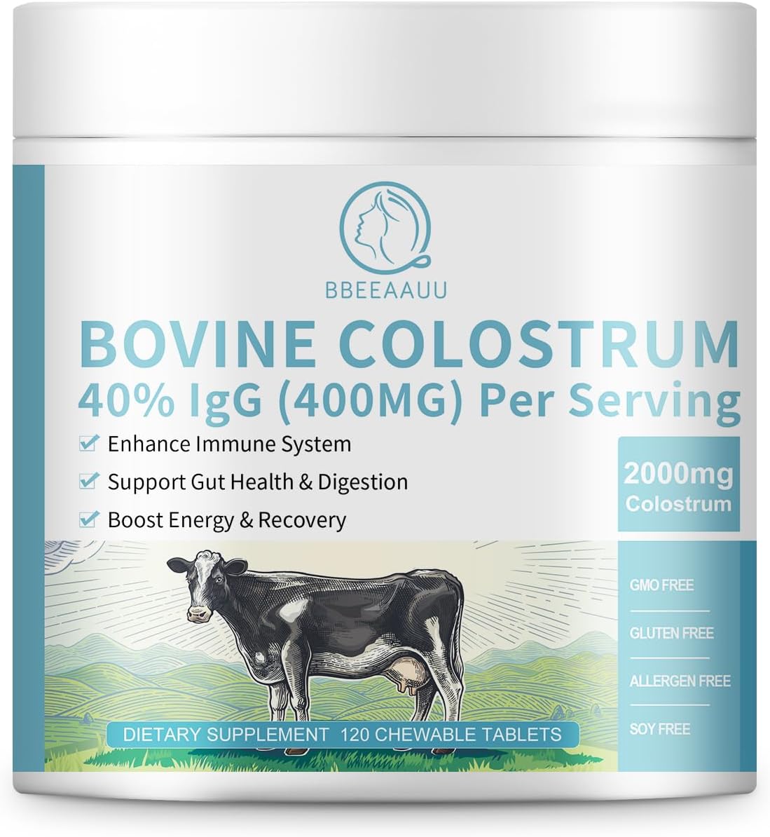 Chewable Bovine Colostrum Tablets - 2000mg, 40% IgG Supplement for Immune Support, Gut Health, Hair Growth, Energy - 120 Count, Grass Fed & First-Milking, Gluten-Free, Soy-Free