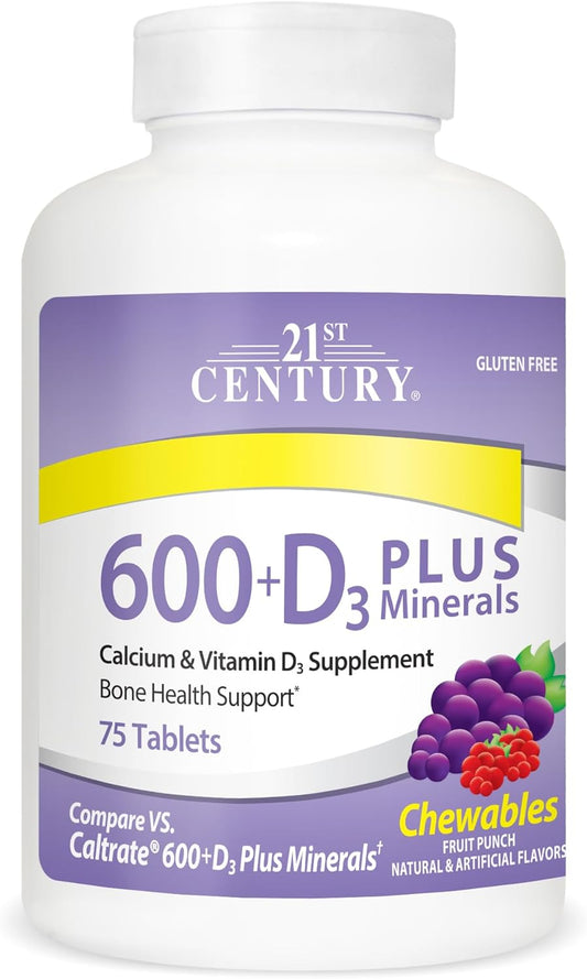 Chewable Calcium 600 mg +D Tablets with Minerals, 75 Count - Easy-to-Swallow Formula for Bone Health in the Modern Era