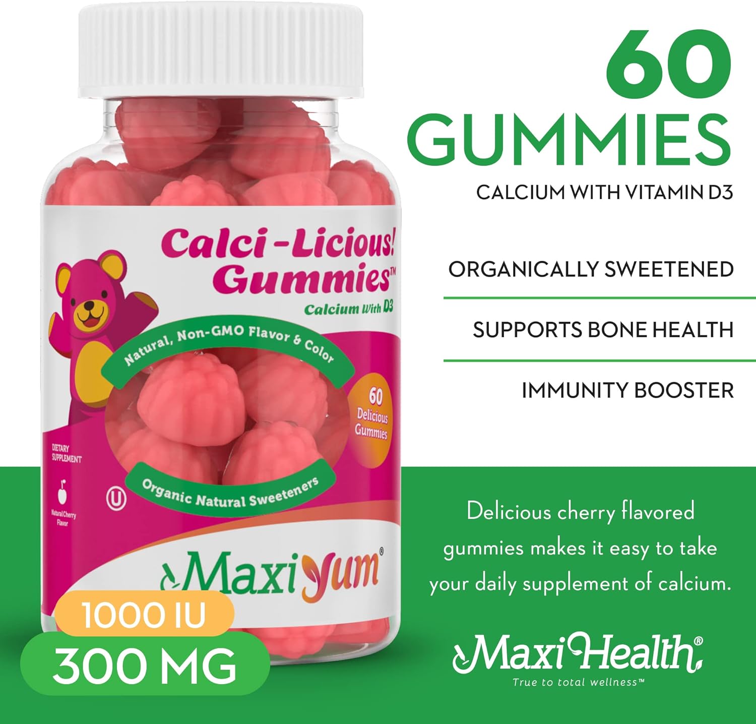Chewable Calcium Gummies with Vitamin D3 - 60 Count, 300mg Coral Calcium & 1000IU Vitamin D - Kosher Calcium D3 Supplement for Adults, Women, Men, Kids