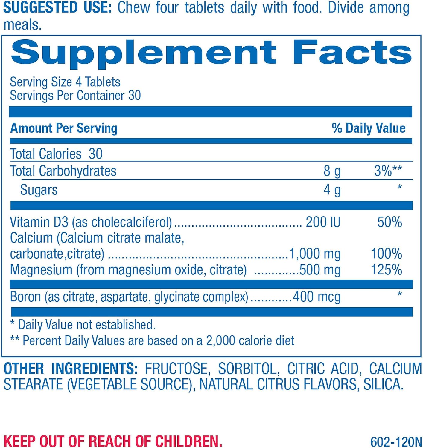Chewable Calcium Supplement 1000mg - 120 Vegetarian Tablets with Vitamin D, Magnesium, and Boron - Citrus Flavor - Supports Bone, Teeth, and Nerve Health