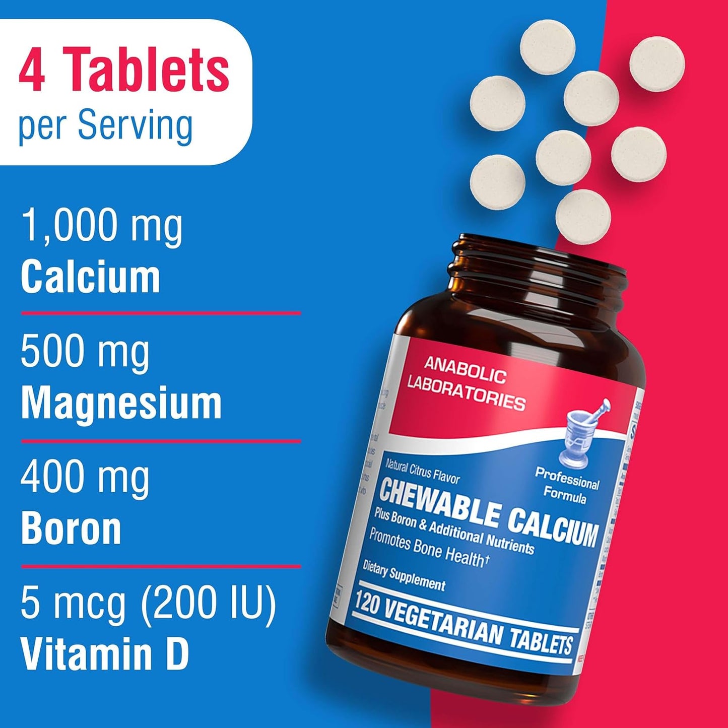 Chewable Calcium Supplement 1000mg - 120 Vegetarian Tablets with Vitamin D, Magnesium, and Boron - Citrus Flavor - Supports Bone, Teeth, and Nerve Health