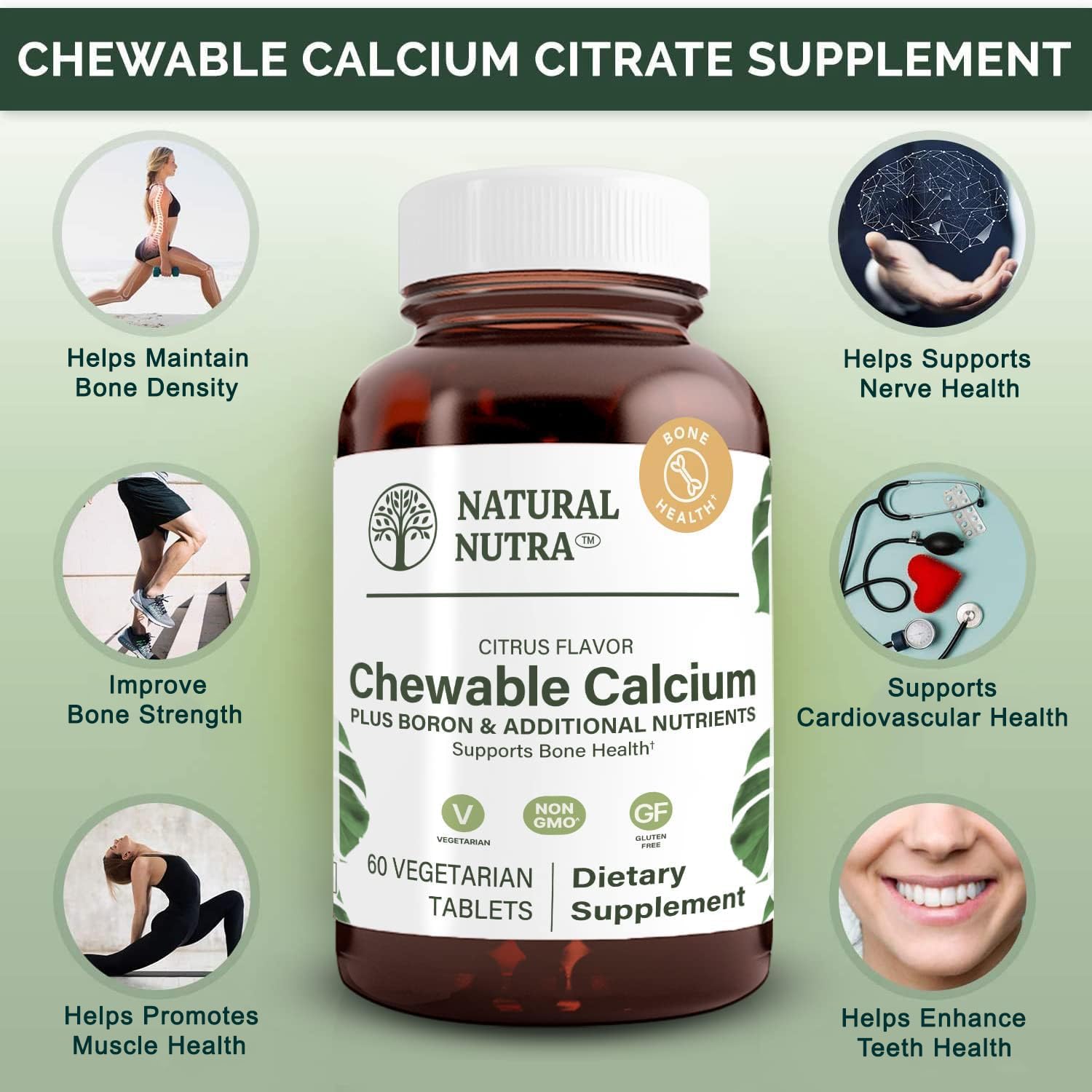 Chewable Calcium Supplement for Bone Strength and Overall Health, 60 Tablets