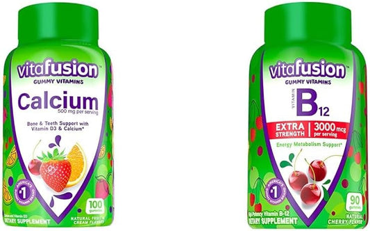 Chewable Calcium & Vitamin B12 Gummy Vitamins for Bone, Teeth, Energy Metabolism, and Nervous System Support