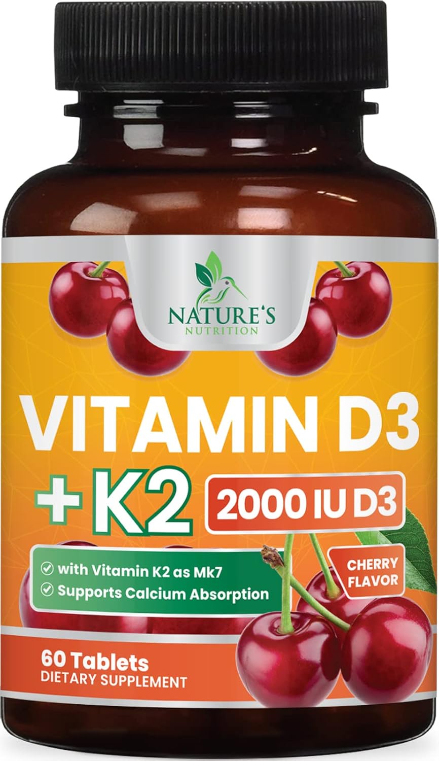 Chewable Cherry Vitamin D3 K2 Tablets for Immune & Heart Health - 2-in-1 Supplement with 2000 iu D3 & 75 mcg K2 MK7 - Supports Calcium Absorption & Bone Health - 60 Tablets