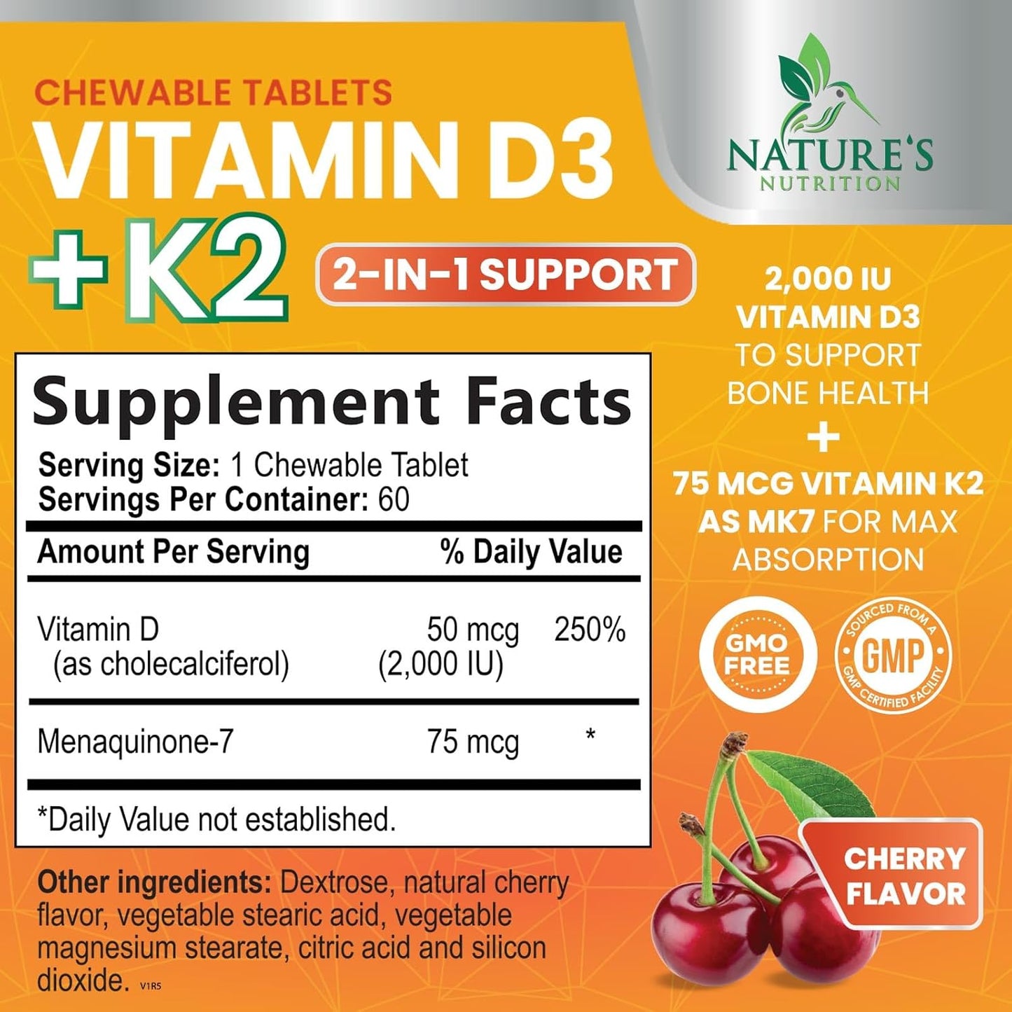 Chewable Cherry Vitamin D3 K2 Tablets for Immune & Heart Health - 2-in-1 Supplement with 2000 iu D3 & 75 mcg K2 MK7 - Supports Calcium Absorption & Bone Health - 60 Tablets