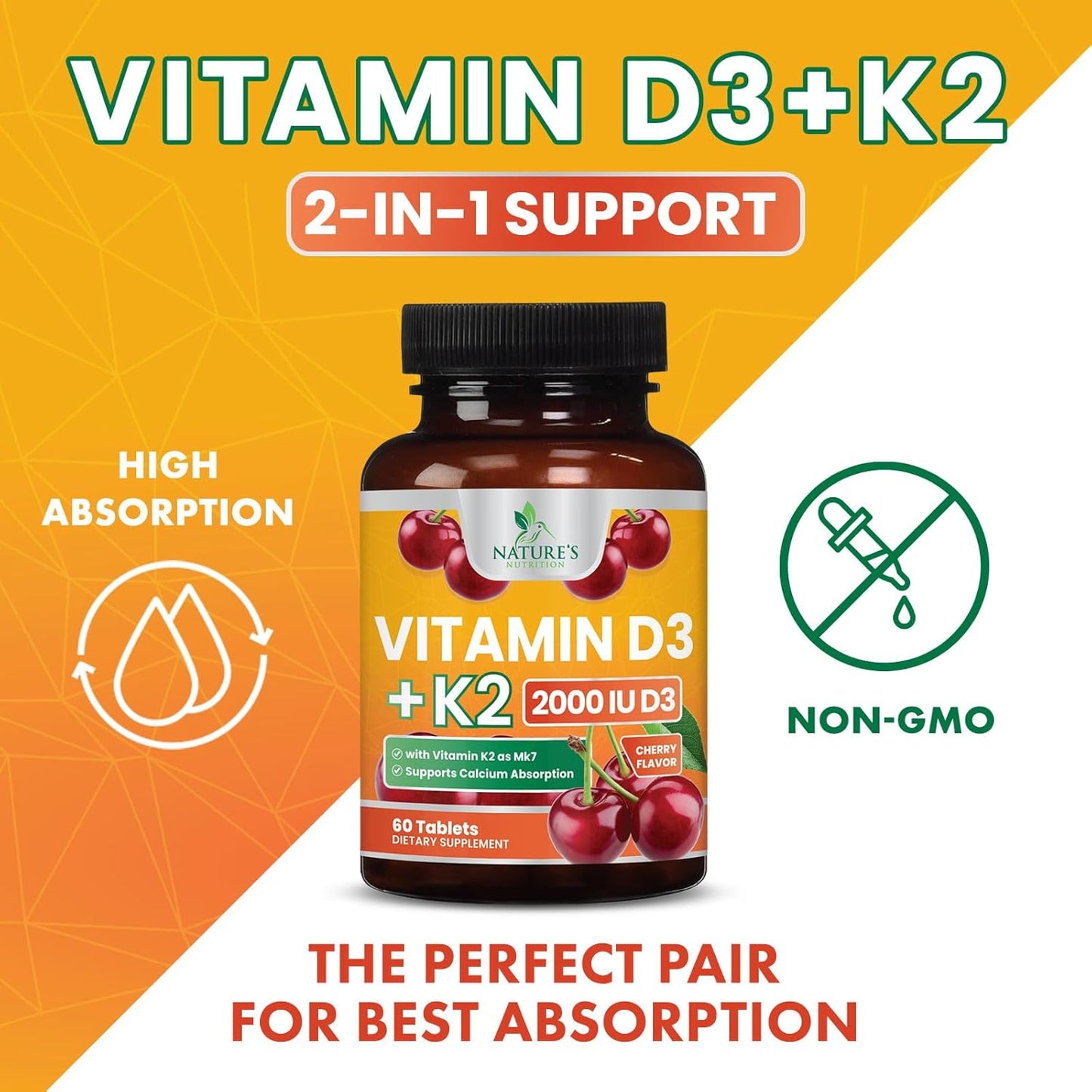 Chewable Cherry Vitamin D3 K2 Tablets for Immune & Heart Health - 2-in-1 Supplement with 2000 iu D3 & 75 mcg K2 MK7 - Supports Calcium Absorption & Bone Health - 60 Tablets