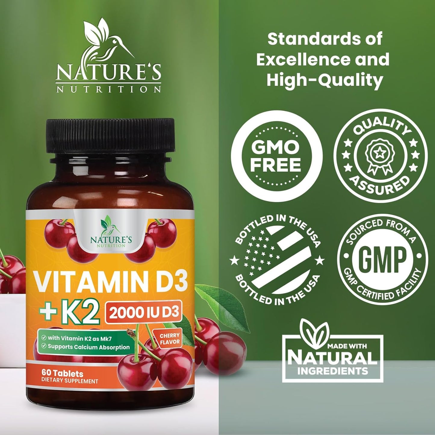 Chewable Cherry Vitamin D3 K2 Tablets for Immune & Heart Health - 2-in-1 Supplement with 2000 iu D3 & 75 mcg K2 MK7 - Supports Calcium Absorption & Bone Health - 60 Tablets