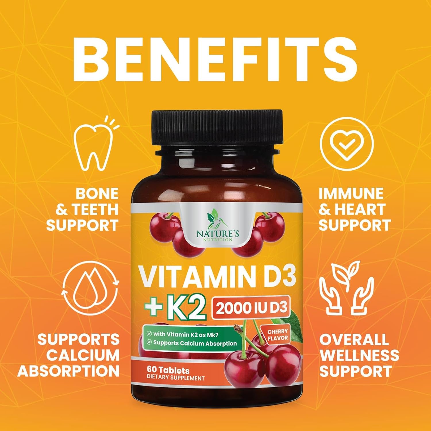 Chewable Cherry Vitamin D3 K2 Tablets for Immune & Heart Health - 2-in-1 Supplement with 2000 iu D3 & 75 mcg K2 MK7 - Supports Calcium Absorption & Bone Health - 60 Tablets