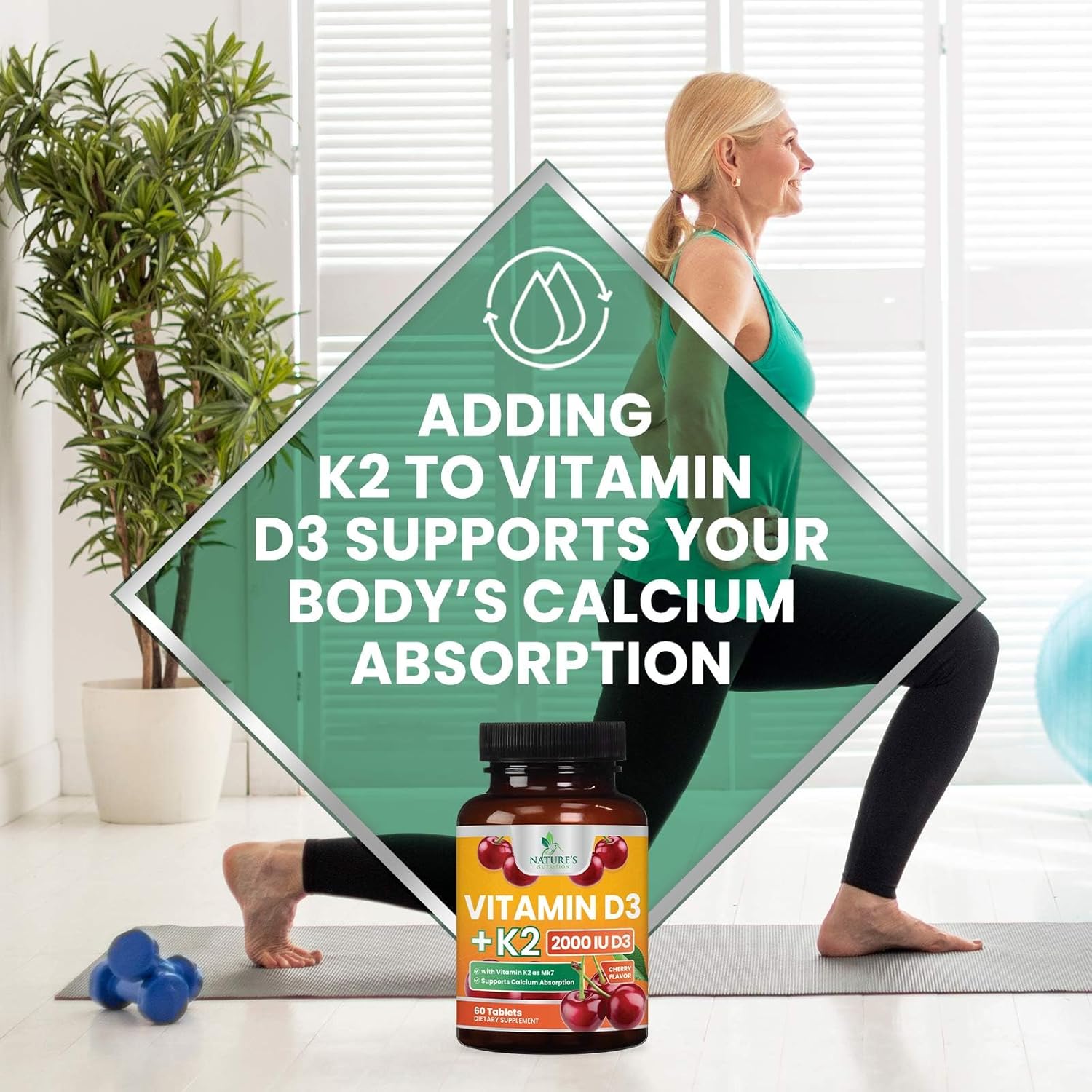 Chewable Cherry Vitamin D3 K2 Tablets for Immune & Heart Health - 2-in-1 Supplement with 2000 iu D3 & 75 mcg K2 MK7 - Supports Calcium Absorption & Bone Health - 60 Tablets