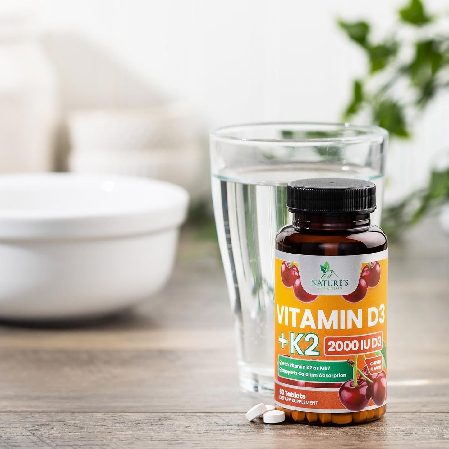 Chewable Cherry Vitamin D3 K2 Tablets for Immune & Heart Health - 2-in-1 Supplement with 2000 iu D3 & 75 mcg K2 MK7 - Supports Calcium Absorption & Bone Health - 60 Tablets