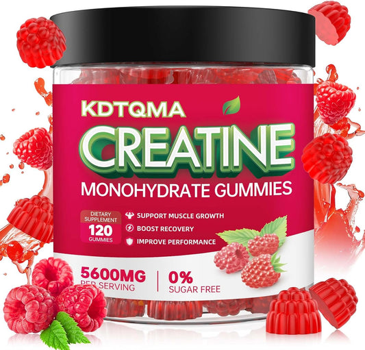 Chewable Creatine Monohydrate Gummies - 120 CT, 5600mg per Serving, Muscle Support & Energy Boost, Sugar-Free, Vegan Raspberry Flavor - Men & Women