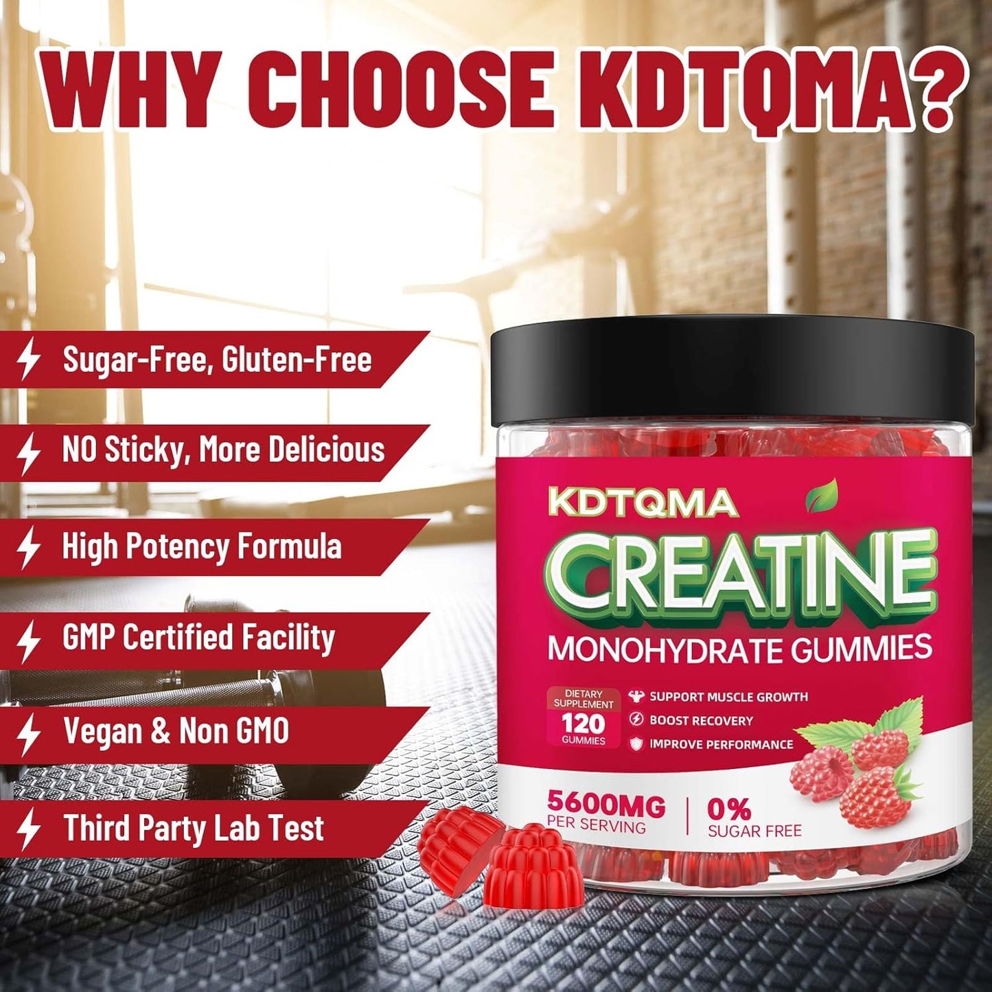 Chewable Creatine Monohydrate Gummies - 120 CT, 5600mg per Serving, Muscle Support & Energy Boost, Sugar-Free, Vegan Raspberry Flavor - Men & Women