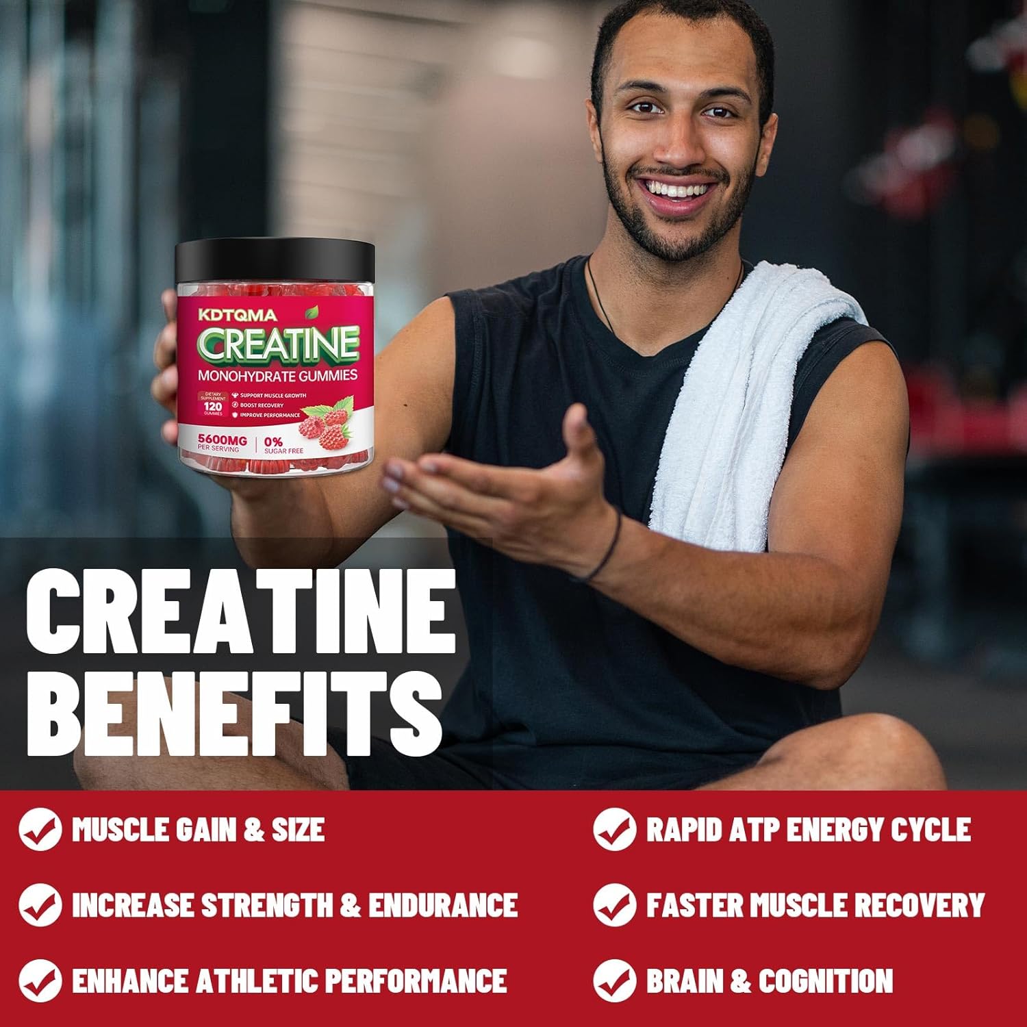 Chewable Creatine Monohydrate Gummies - 120 CT, 5600mg per Serving, Muscle Support & Energy Boost, Sugar-Free, Vegan Raspberry Flavor - Men & Women