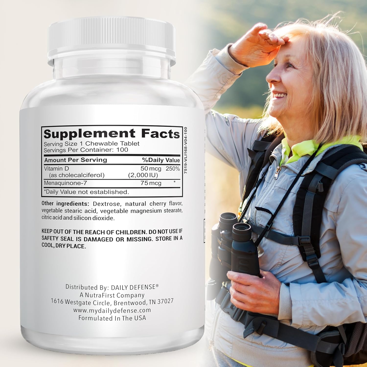 Chewable Daily Defense Vitamin D3 K2 Supplements for Heart Health & Immune Support - 100 Tablets