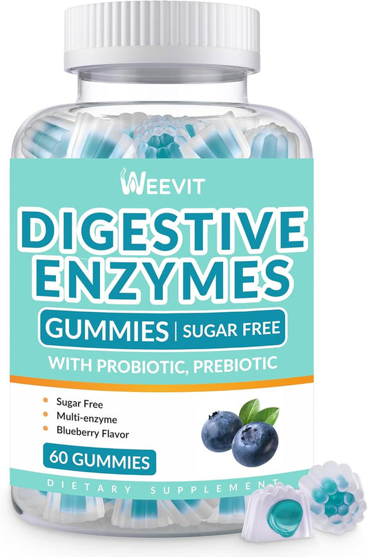 Chewable Digestive Enzymes Gummies with Probiotics & Prebiotics - Blueberry Flavored, Sugar-Free, Vegan for Men and Women