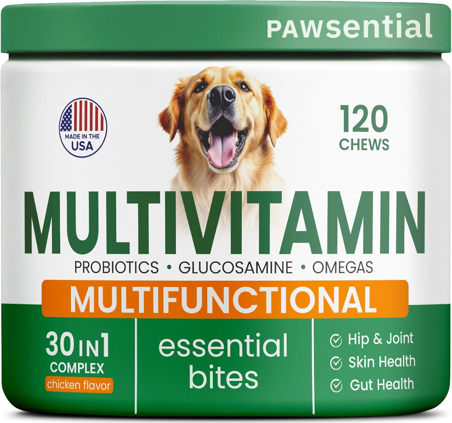 Chewable Dog Multi Vitamins with Glucosamine, Omega, Probiotics - Hip & Joint, Skin & Coat, Gut Health - Adult & Senior - Large & Small Breed - 120 Chews