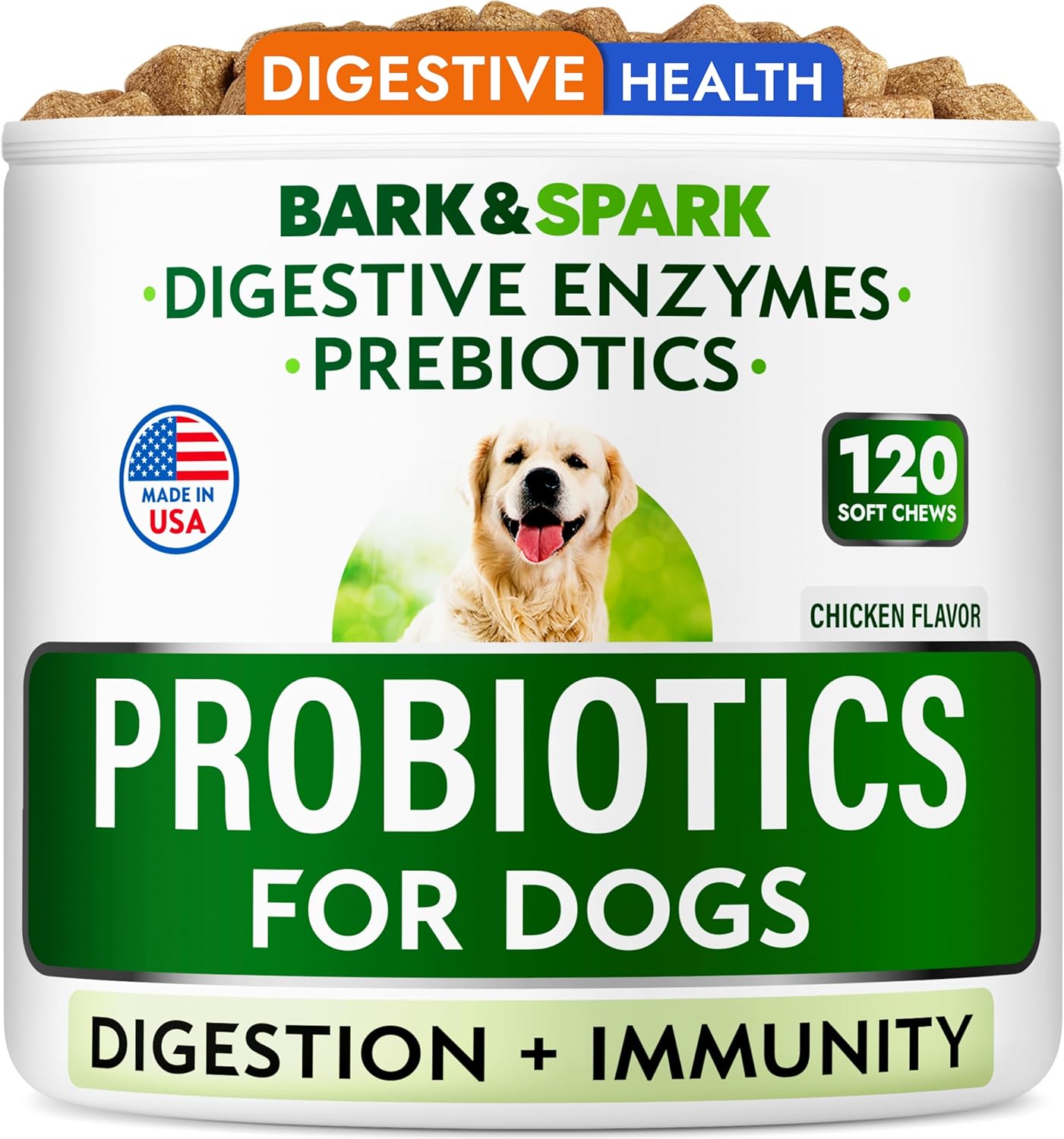 Chewable Fiber Dog Probiotic Chews for Digestion and Immunity - Enzymes + Prebiotics - Gas, Diarrhea, Allergies Relief - 90 Ct - ChickenLiver Flavor - Made in USA