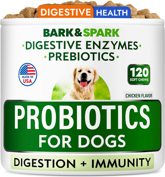 Chewable Fiber Dog Probiotic Chews for Digestion and Immunity - Enzymes + Prebiotics - Gas, Diarrhea, Allergies Relief - 90 Ct - ChickenLiver Flavor - Made in USA