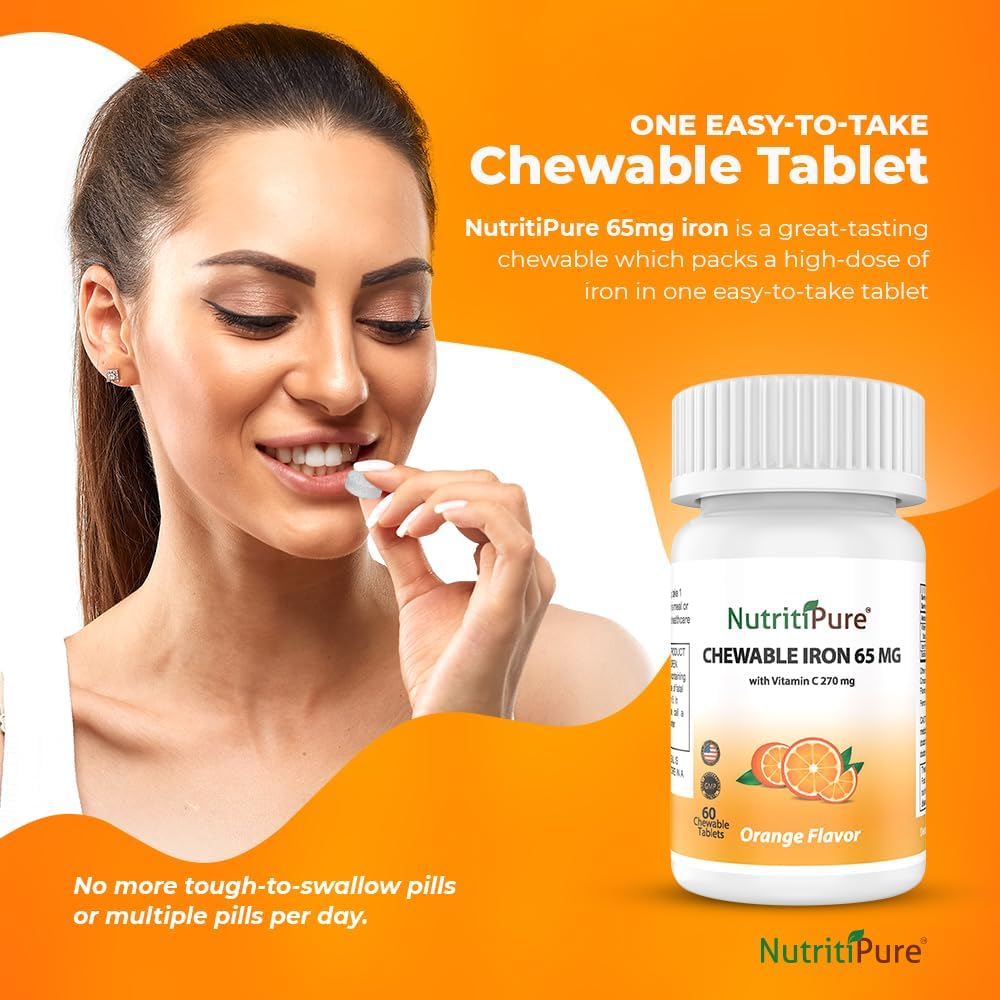 Chewable Iron with Vitamin C 65mg - Orange Flavored Tablets 60 Count - Pack of 2