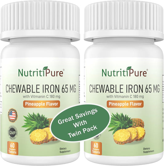 Chewable Iron with Vitamin C 65mg/180mg - Pineapple Flavored Tablets, 60 Count (2 Month Supply)
