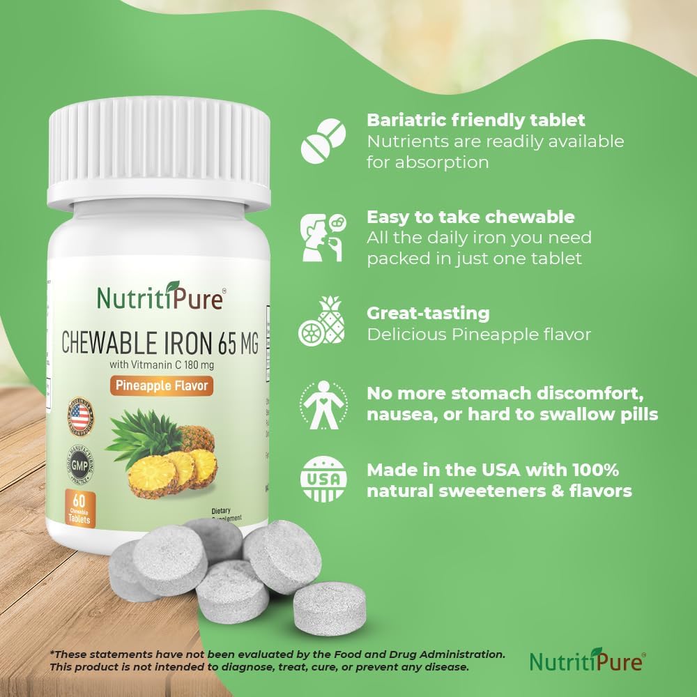 Chewable Iron with Vitamin C 65mg/180mg - Pineapple Flavored Tablets, 60 Count (2 Month Supply)