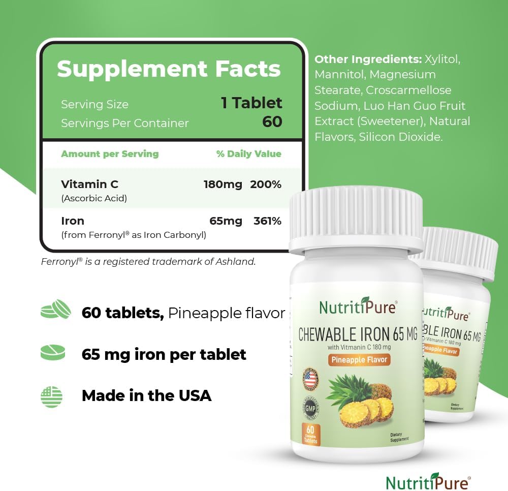 Chewable Iron with Vitamin C 65mg/180mg - Pineapple Flavored Tablets, 60 Count (2 Month Supply)