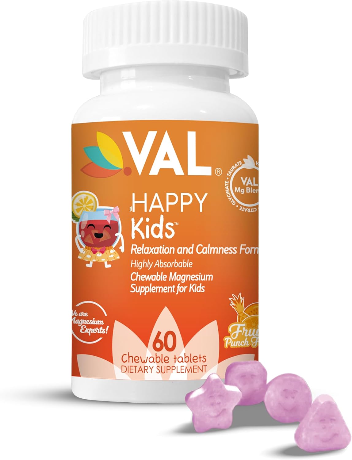 Chewable Kids Magnesium Supplement with Vitamin B6, D & C | Calm & Focus Support | High-Absorption Formula | Sugar-Free & Non-GMO | 60 Tablets