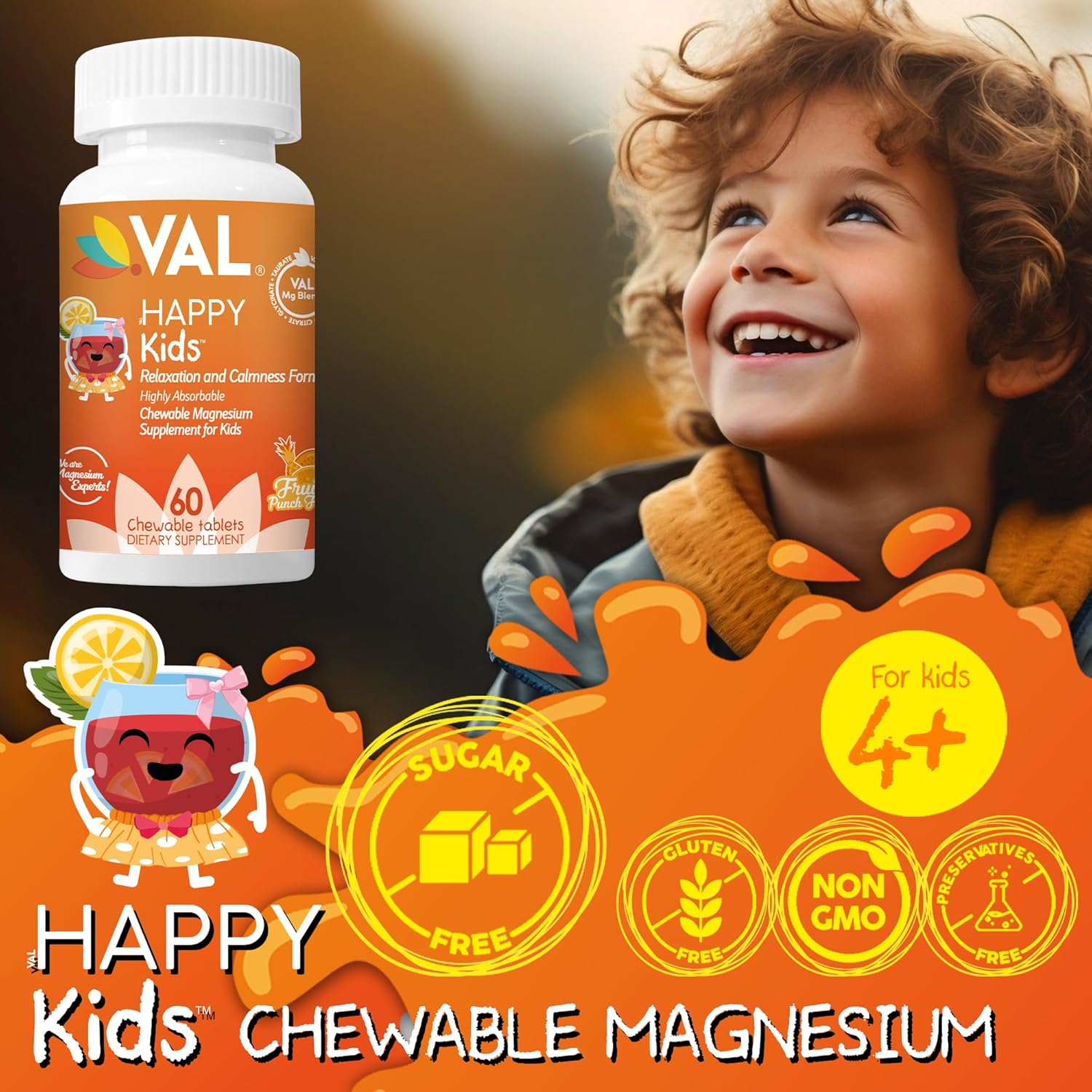 Chewable Kids Magnesium Supplement with Vitamin B6, D & C | Calm & Focus Support | High-Absorption Formula | Sugar-Free & Non-GMO | 60 Tablets