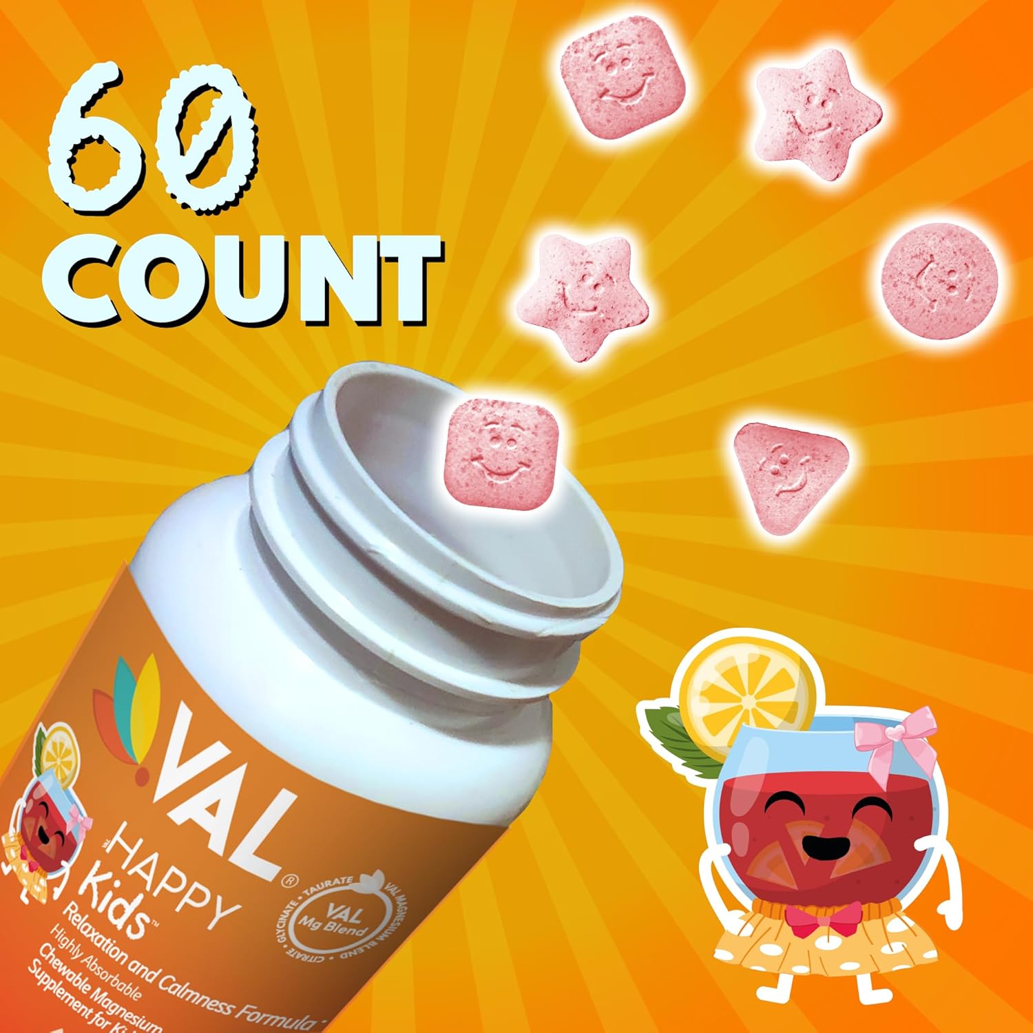 Chewable Kids Magnesium Supplement with Vitamin B6, D & C | Calm & Focus Support | High-Absorption Formula | Sugar-Free & Non-GMO | 60 Tablets