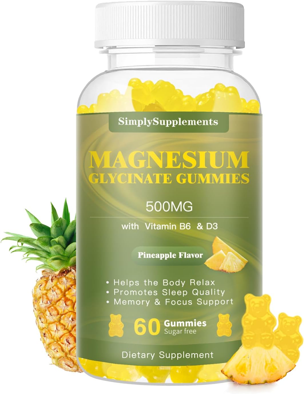 Chewable Magnesium Gummies with Vitamin D3, B6, and CoQ10 for Relaxation and Sleep Support - 60 Pineapple Gummies