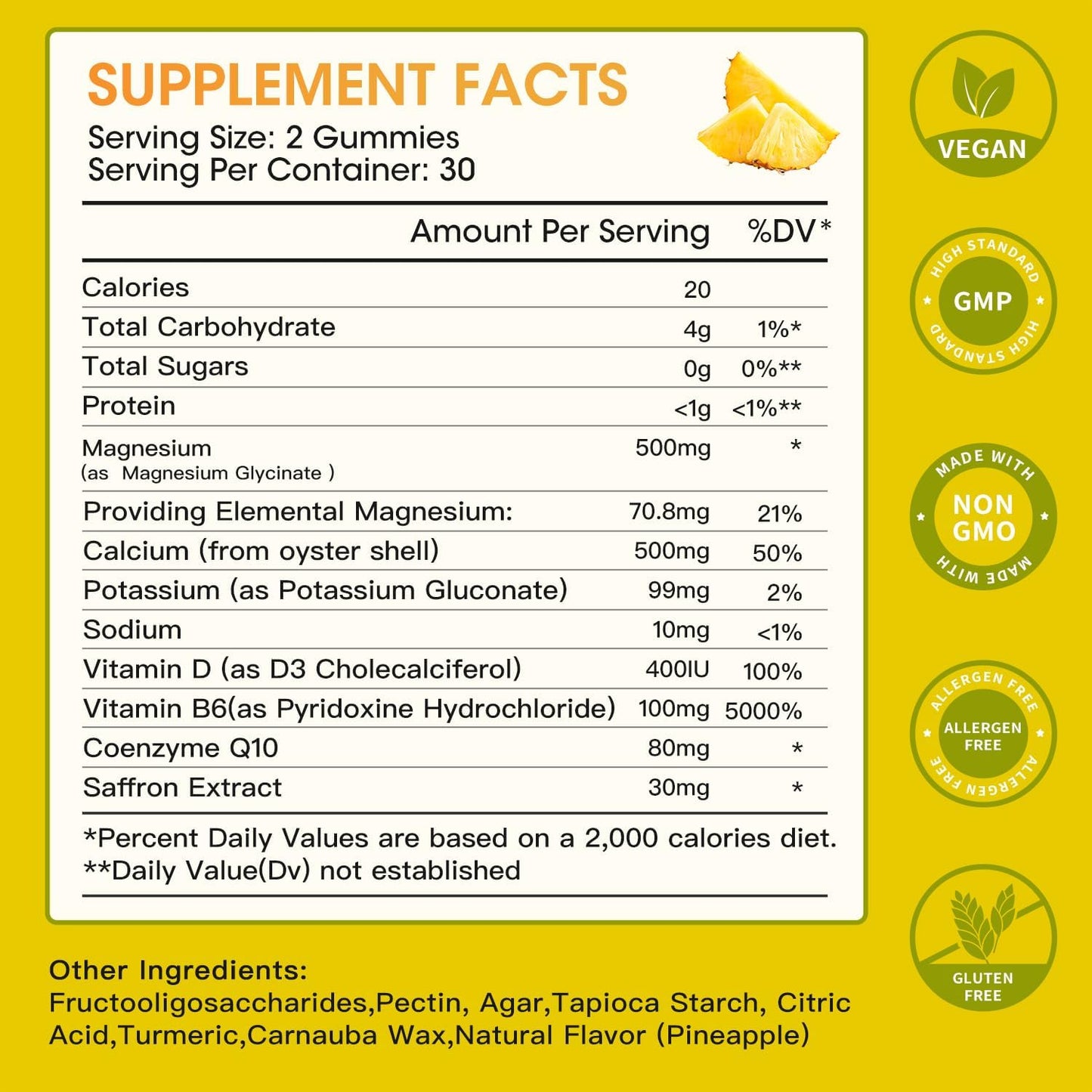 Chewable Magnesium Gummies with Vitamin D3, B6, and CoQ10 for Relaxation and Sleep Support - 60 Pineapple Gummies