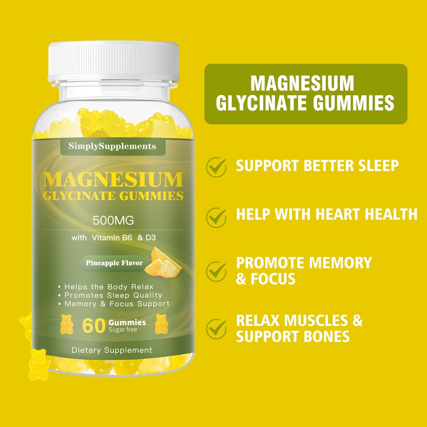 Chewable Magnesium Gummies with Vitamin D3, B6, and CoQ10 for Relaxation and Sleep Support - 60 Pineapple Gummies