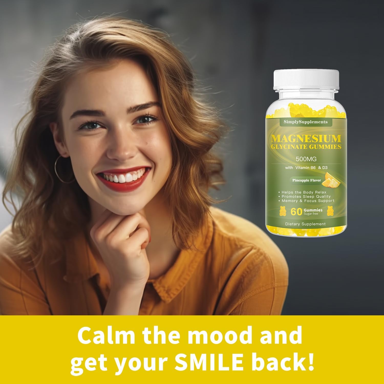 Chewable Magnesium Gummies with Vitamin D3, B6, and CoQ10 for Relaxation and Sleep Support - 60 Pineapple Gummies