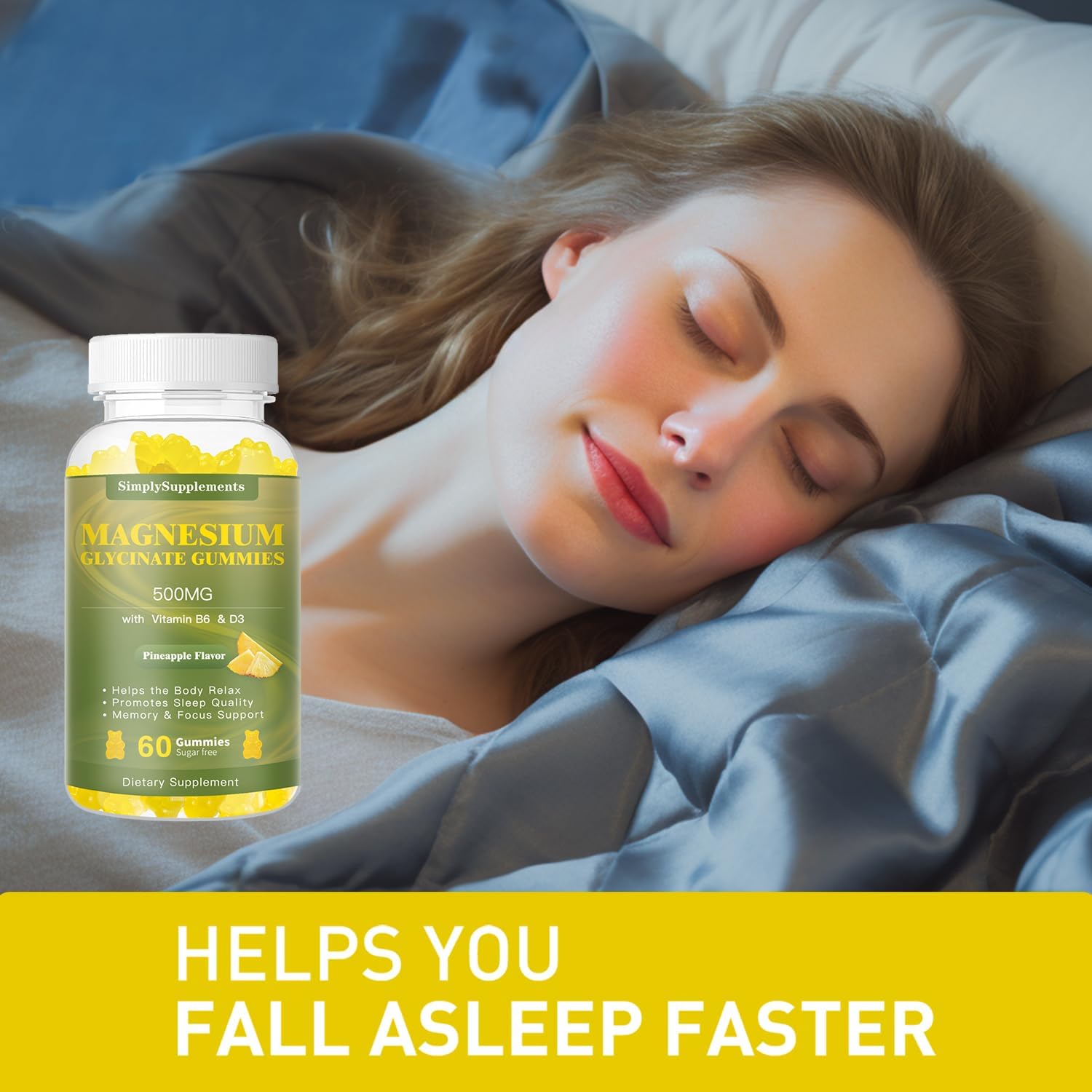 Chewable Magnesium Gummies with Vitamin D3, B6, and CoQ10 for Relaxation and Sleep Support - 60 Pineapple Gummies