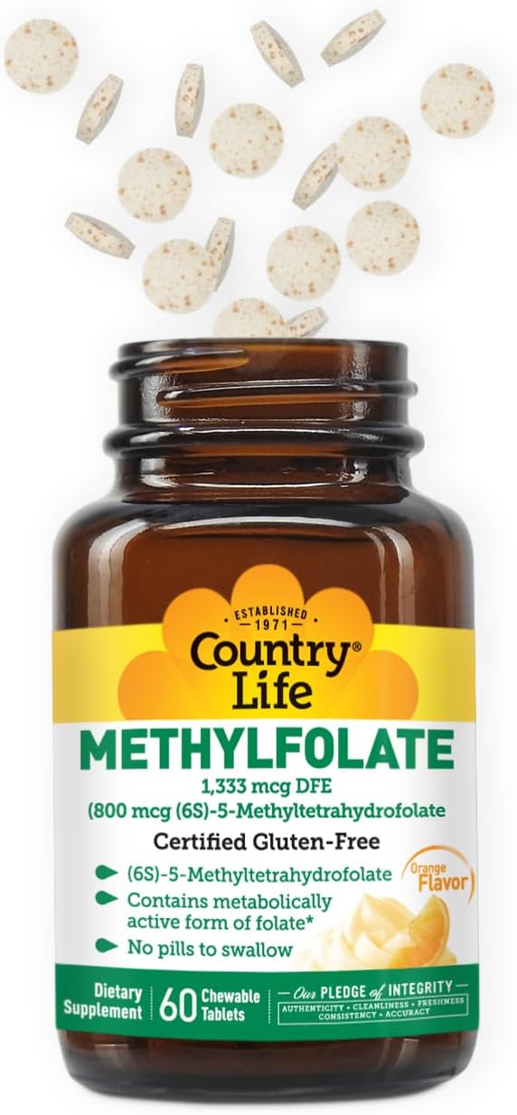 Chewable Methylfolate Tablets with Orange Flavor - Gluten-Free Vegan B12 Daily Supplement for Women - 60 Tablets