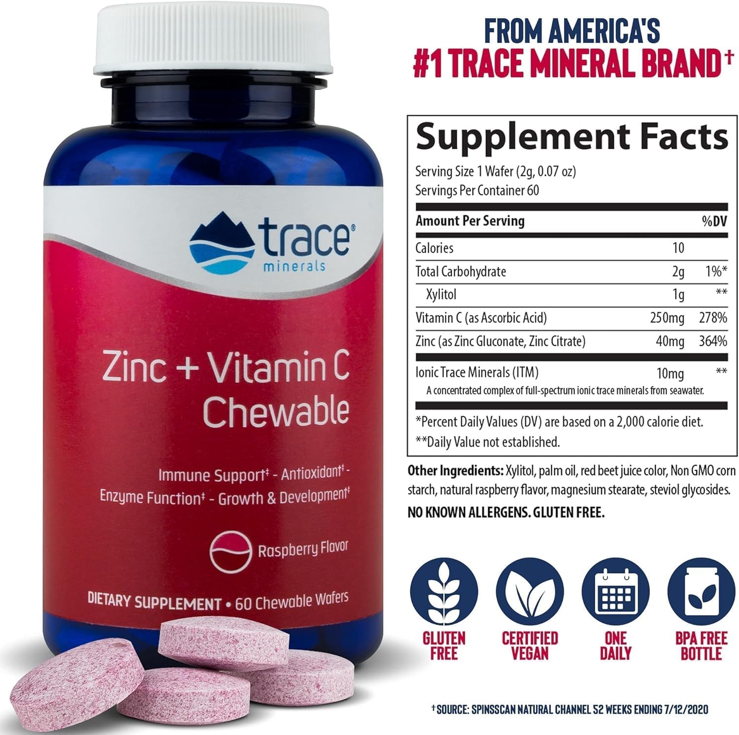 Chewable Multivitamin with Zinc, Vitamin C, and Trace Minerals for Immune Support and Healthy Growth - Raspberry Flavored, 60 Servings