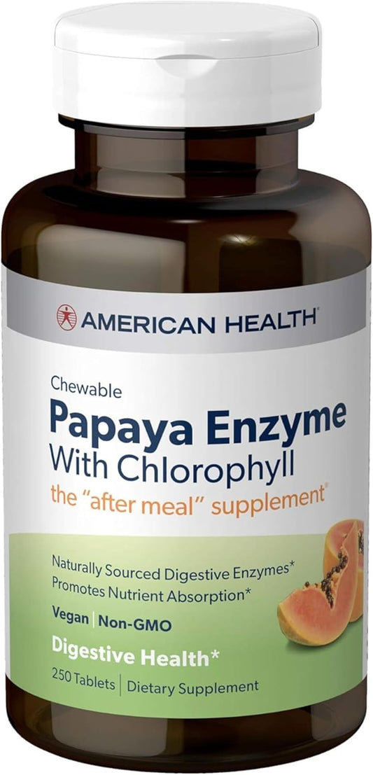 Chewable Papaya Enzyme with Chlorophyll Tablets - Supports Digestion, Nutrient Absorption, and Fresh Breath - 250 Count, Gluten-Free, Vegetarian - American Health